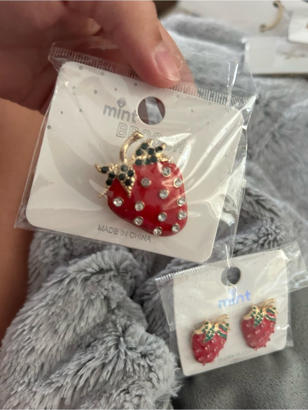 4/$50 Mint Red Strawberry Brooch and Stud Earring Set with Gold Accents